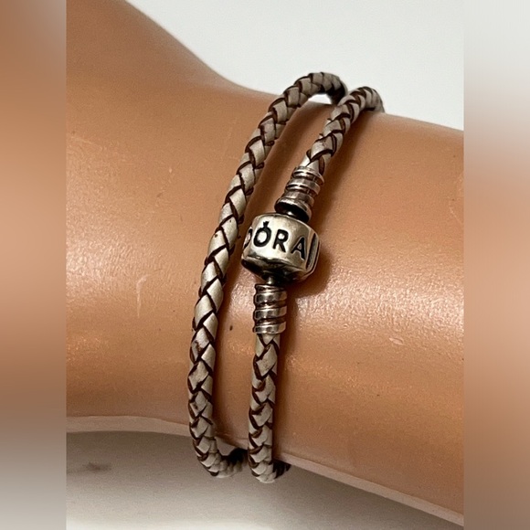 Pandora Brown & White Braided Leather Sterling Silver Clasp Double Wrap Bracelet - Picture 2 of 10
